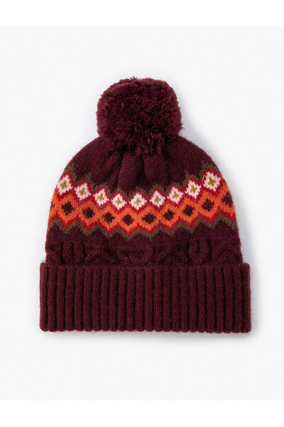 Koton Gemusterte Strickmütze mit geschichteten Kanten und Pompom-Detail
