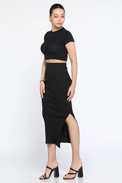 GÜLSELİ Black Crew Neck Midi Length Lycra Slit Camisole Women's Double Set