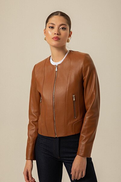 rue Tan Leather Jacket with Zipper Detail
