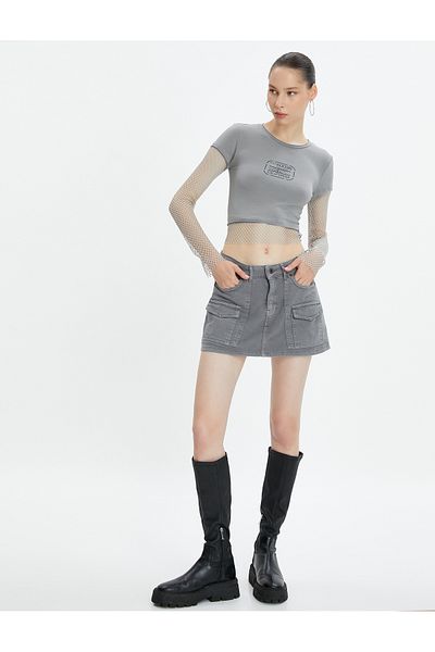 Koton Crop T-Shirt Mesh Detailed Short Sleeve Crew Neck Cotton