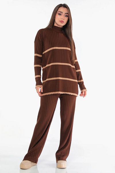 GÜLSELİ Brown Women's Two-Color Seasonal Thin Fabric Knitwear Set
