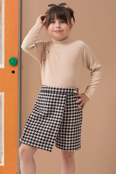 Cansın Mini Κρεμ κοριτσίστικο σορτς με μοτίβο Houndstooth με φούστα και Badili 19561