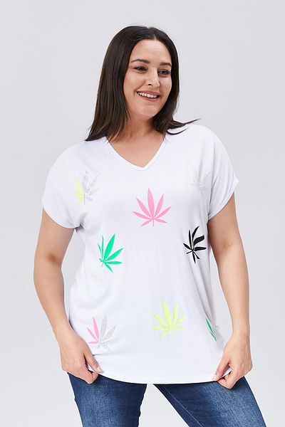 Ebsumu Women's Plus Size Blouse with White Printed Neon Stones