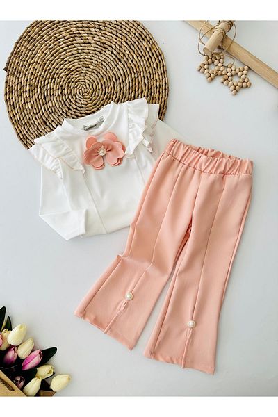 Minigimin Cicileri Flower Patterned Girl's 2-Piece Set with Slits - Salmon
