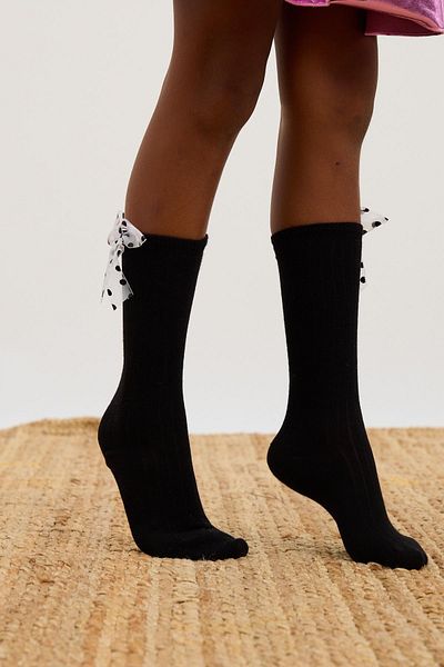 BONY SOCKS Високи чорапи с панделка на точки за черно момиче