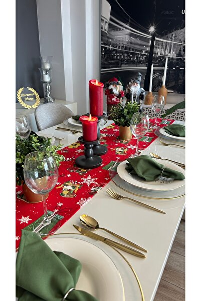 Decamor home Yeni Yıl Temalı Kırmızı Yeşil Figürlü Runner Yılbaşı Runner (PEÇETE DAHİL DEĞİL)