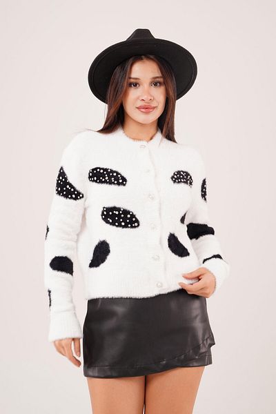 Hipo Trend Bearded Dalmatian Pattern Stone Embroidered Knitwear White Cardigan