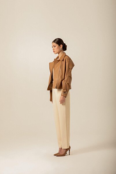rue Belted Camel Biker Leather Jacket