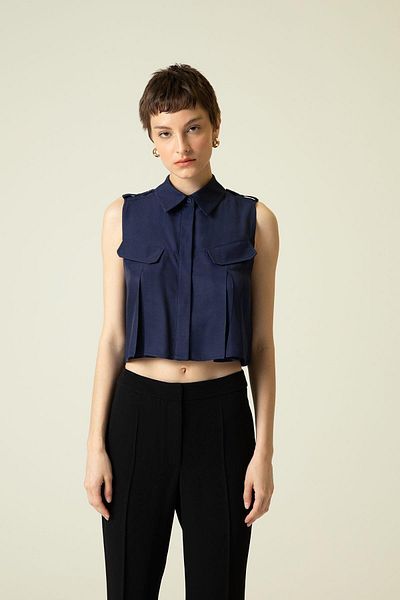 rue. Navy Blue Crop Shirt - Pocket Cover Detail