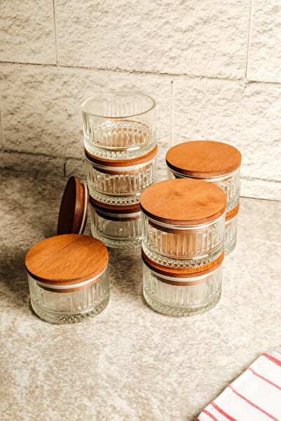 ZURİ DESİGN 225 ml Wooden 4-Piece Glass Bowl Snack Bowl Set with Vacuum Lid - Breakfast and Multi-Purpose