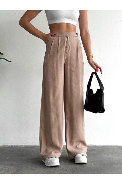 Özge Sibel Palazzo plátěné kalhoty s vysokým pasem Camel Belted