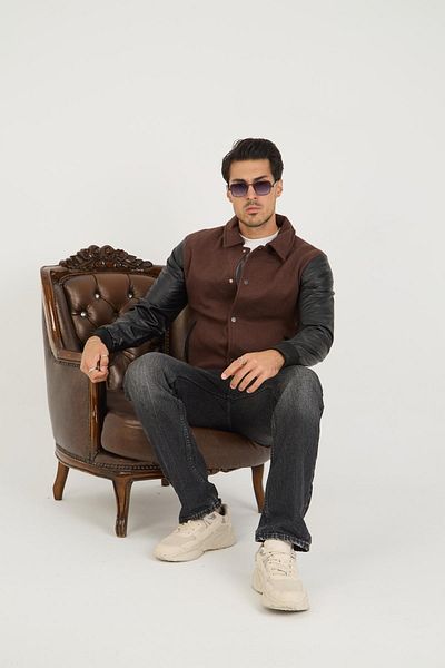 DAMGA JEANS Мъжко кашмирено, памучно, кожено яке с ръкави, кафяво колежанско яке