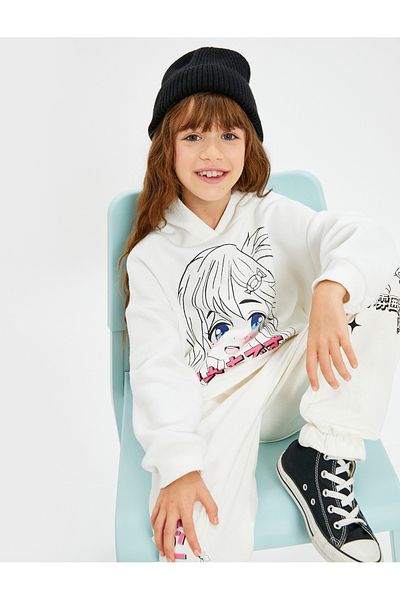 Koton Anime Hooded Sweatshirt Raised Long Sleeve