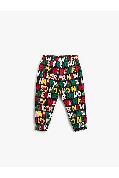 Koton Jogger-Jogginghose mit Neujahrsthema, bedruckter Tasche, Bindeband an der Taille