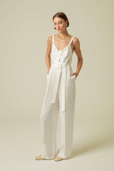 rue. Ecru Strap Jumpsuit - With Front Tie Detail