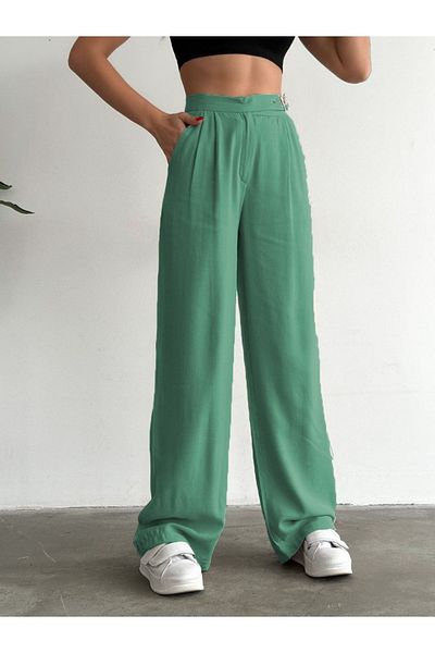 Özge Sibel High Waist Turquoise Belted Linen Palazzo Trousers