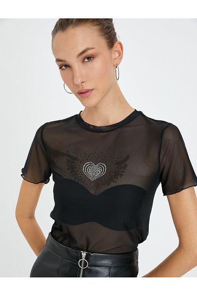 Koton T-Shirt aus transparentem Tüll mit glänzendem Herz und kurzen Ärmeln