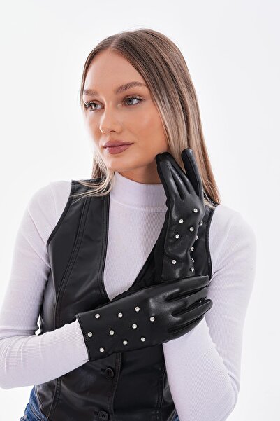 Axesoire 16031 Üzeri İncili Dokunmatik Siyah Deri Eldiven