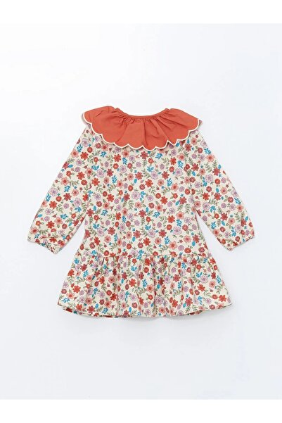 LC Waikiki LCW Kids Ekru Baskılı Bebe Yaka Uzun Kollu Çiçekli Kız Bebek Elbise