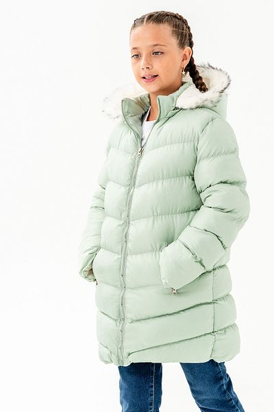 VODENS Palton pentru fete, mentă, fleece, blană, impermeabil, gros, detașabil, cu glugă