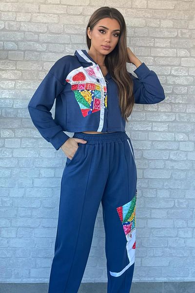 GÜLSELİ Indigo Digital Printed Sweat Pants Double Set