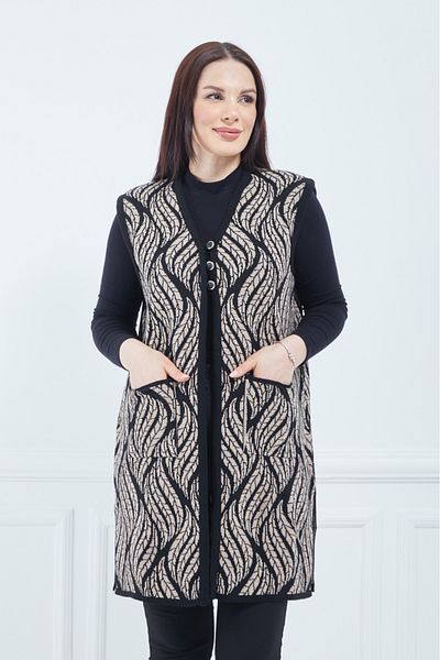Elçelya Moda Women's Mink Leaf Patterned Long Winter Knitwear Mother Vest with Pockets