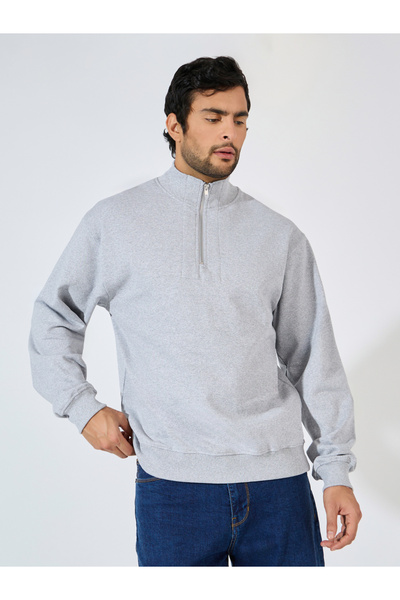 Styli Half-Zip Relaxed Fit Fleece Sweatshirt with Front Seam Detail