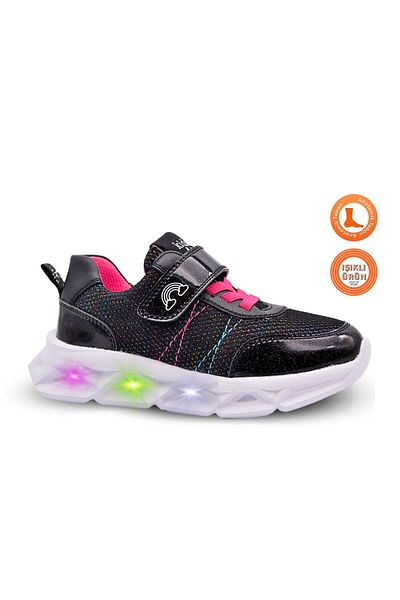 kids A more Valeria Glitter - Girl's Black Sports Shoes, Air Mesh and Vegan Leather, Lighted Sole