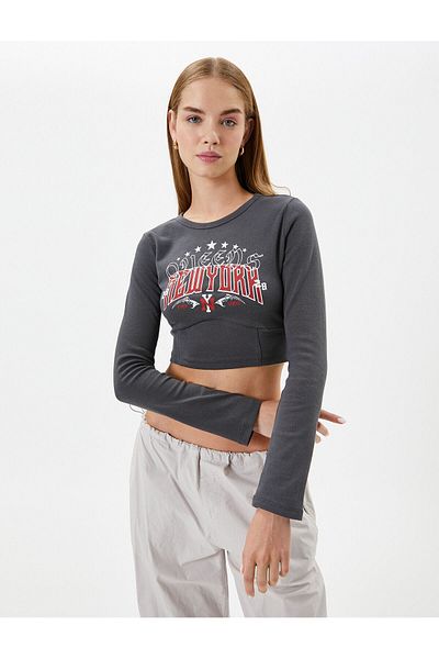 Koton Tricou crop cu mânecă lungă Bumbac imprimat cu corset slim cu decolteu roșu