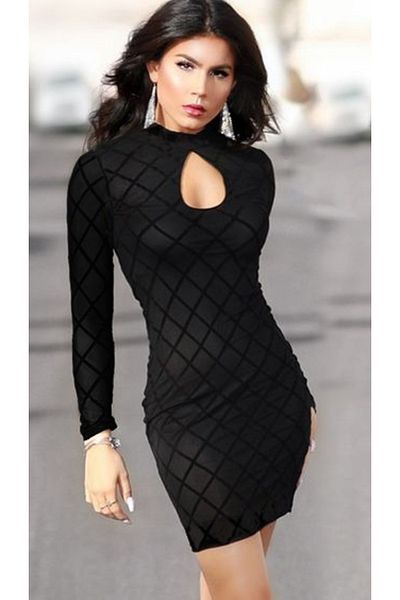 Trendusfashion Drop Detailed Long Sleeve Mini Dress - Flock Printed
