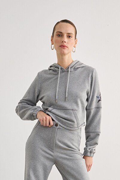 rue Önden Cepli Kapüşonlu Gri Sweatshirt