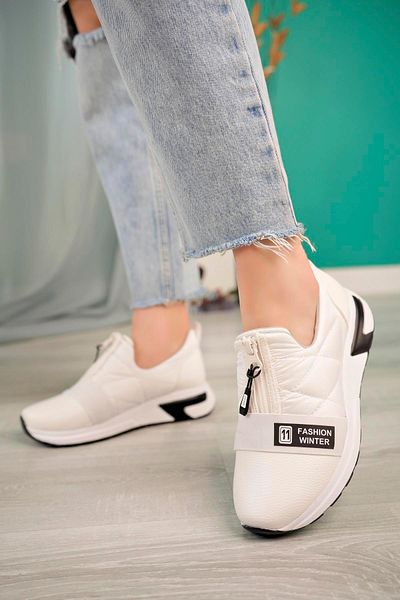 Aymood Γυναικεία ριγέ ελαστικά λεπτομερή casual παπούτσια Λευκό δέρμα