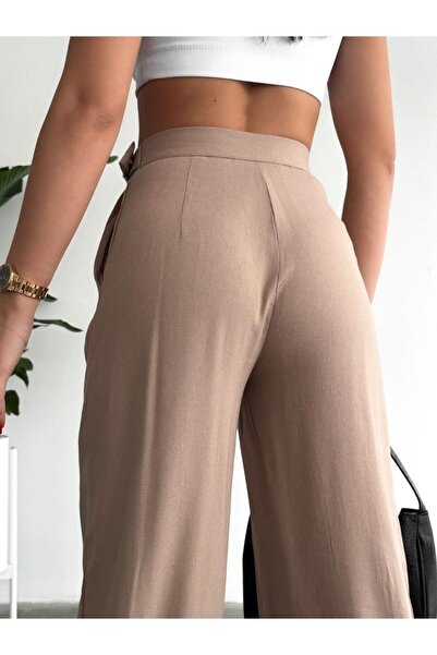 Özge Sibel Palazzo plátěné kalhoty s vysokým pasem Camel Belted