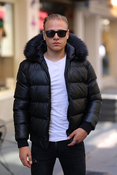FAMODA Men's Fur Hooded Puffy Shiny Leather Coat