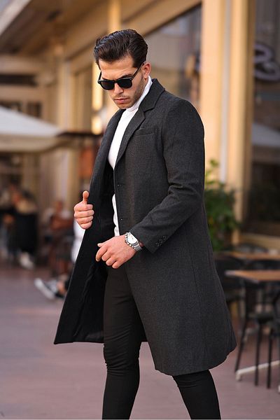 Mero Life Ανδρικό παλτό από ανθρακί λεπτή εφαρμογή μακριά μάλλινη ανάμειξη κασμίρ