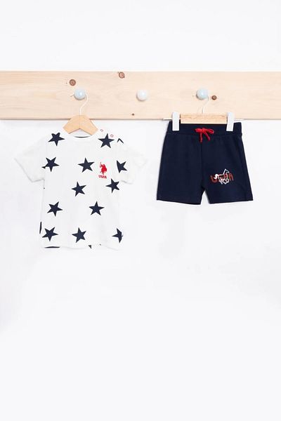 U.S. Polo Assn. يو اس بولو اسنطقم تي شيرت بأكمام قصيرة للأطفال الأولاد مكون من قطعتين