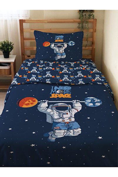 Evmila Astronot Desenli Çarşafsız 2'li Takım Baskılı Tek Kişilik Nevresim Tak...