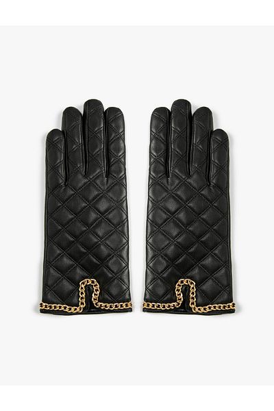 Koton Ski Gloves Faux Leather Quilted with Chain Detail