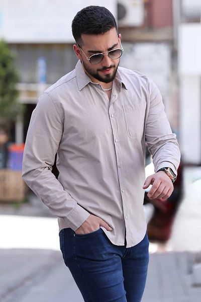 MİSHAR İTALİA Ανδρικό πουκάμισο μονής τσέπης Mink με κουμπωτά μπροστά