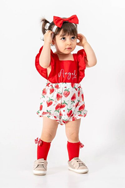 Minigimin Cicileri Fruit Patterned Red Romper Jumpsuit - My Little Flowers Bandana