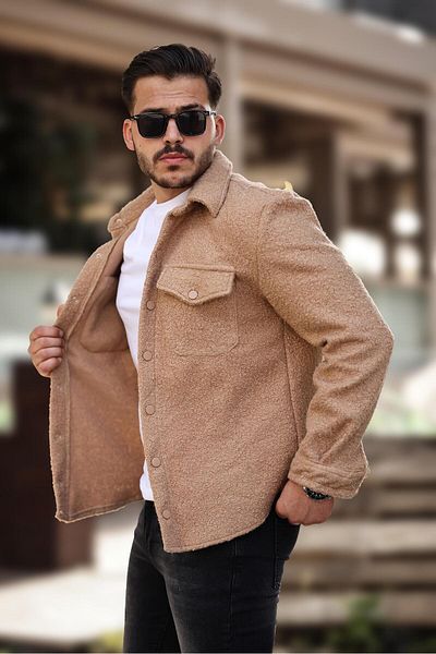 Miron Μπουφάν Camel Color Curly Texture γιακά πουκάμισου - Τσέπες, κανονική εφαρμογή - 2309