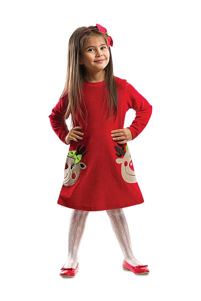 Denokids Twin Deer Girls bársonypiros karácsonyi ruha