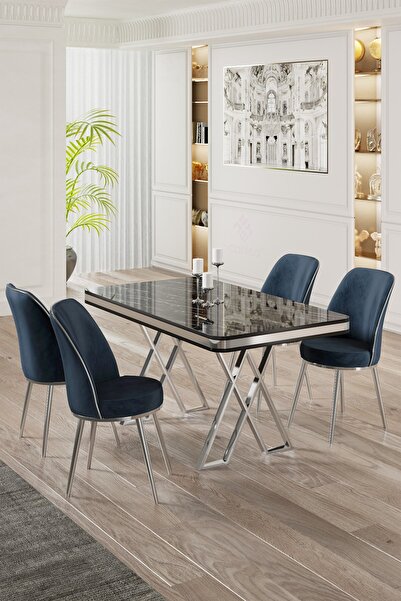Canisa Vals Serisi 80x130 Lak Panel Siyah Mermer Desen Masa Takımı Krom Ayaklı 4 Antrasit Sandalye