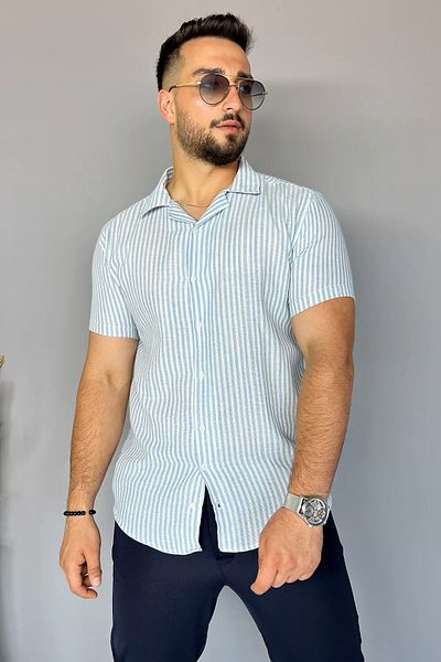 MİSHAR İTALİA Ανδρικό πουκάμισο μπλε Slim Fit ριγέ λινό