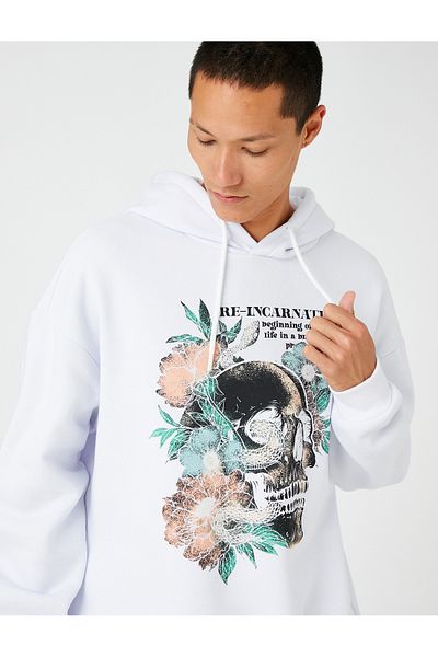Koton Hooded Oversize Sweatshirt Raised Skull Printed