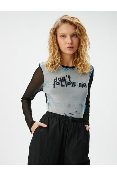 Koton T-Shirt aus Tüll mit Batikmuster, bedruckt mit Slogan, langen Ärmeln und Rundhalsausschnitt