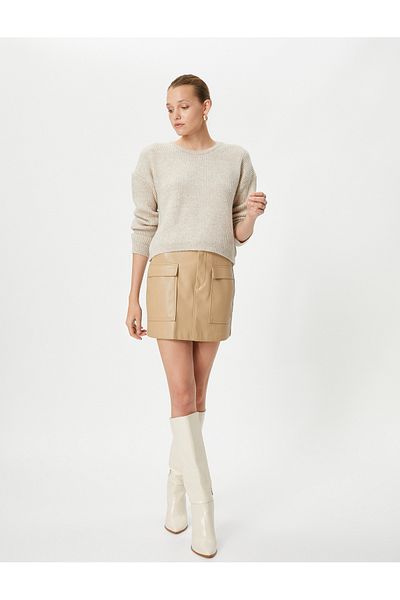 Koton Basic Sweater Knitted Crew Neck Low Shoulder Ribbed