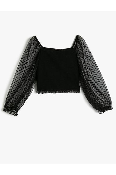 Koton Blouse Balloon Sleeves Tulle Detailed Crew Neck Cotton