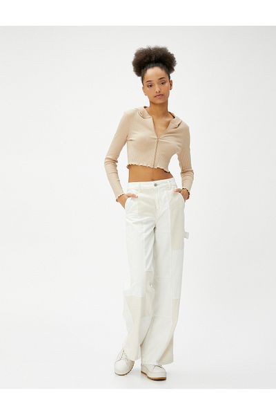 Koton Hooded Crop Cardigan - Camisole with Zipper and Stitching Detail