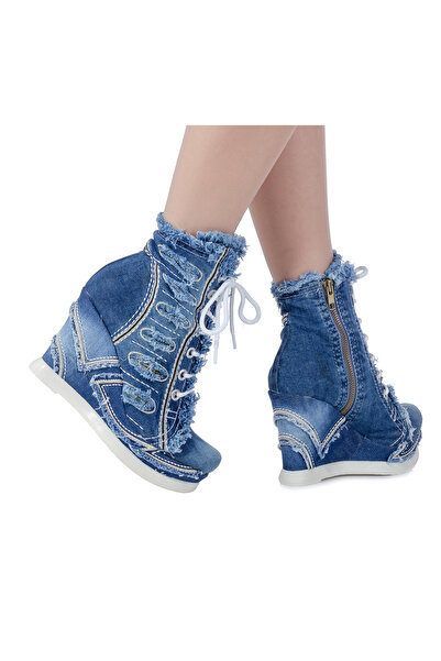 Butik Kadın Kot Bot Yüksek Topuk Fermuar ve Bağcıklı Özel Işlemeli Jeanolog 2073
